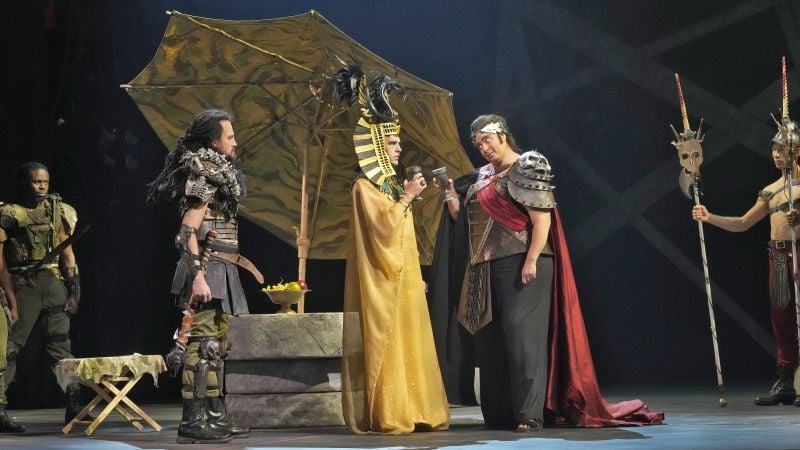 David Crawford as Achilla, Daniel Moody as Tolomeo, and Daryl Freedman as Julius Caesar in The Atlanta Opera production