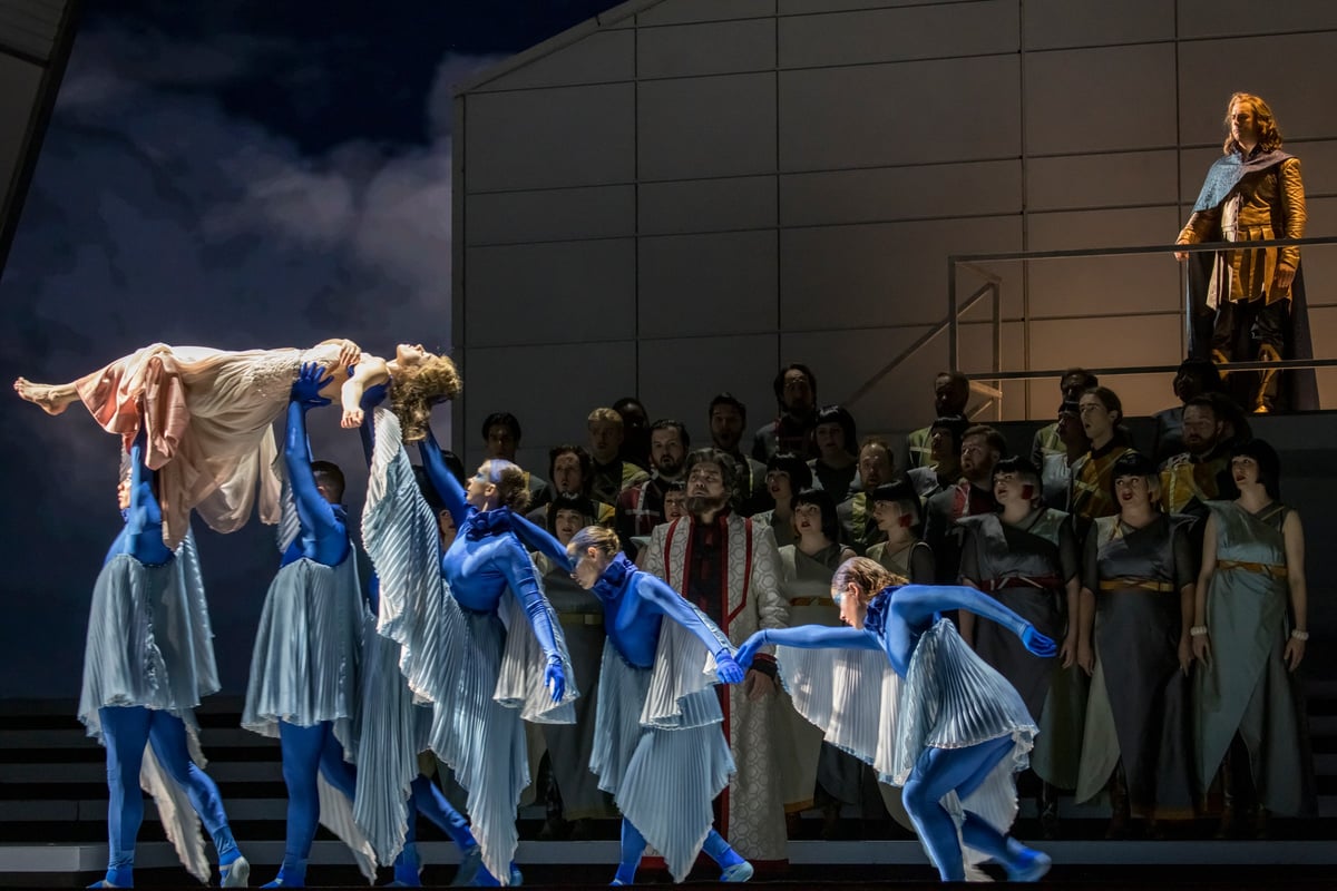 Lauren Snouffer as Semele carried offstage by dancers in The Atlanta Opera production