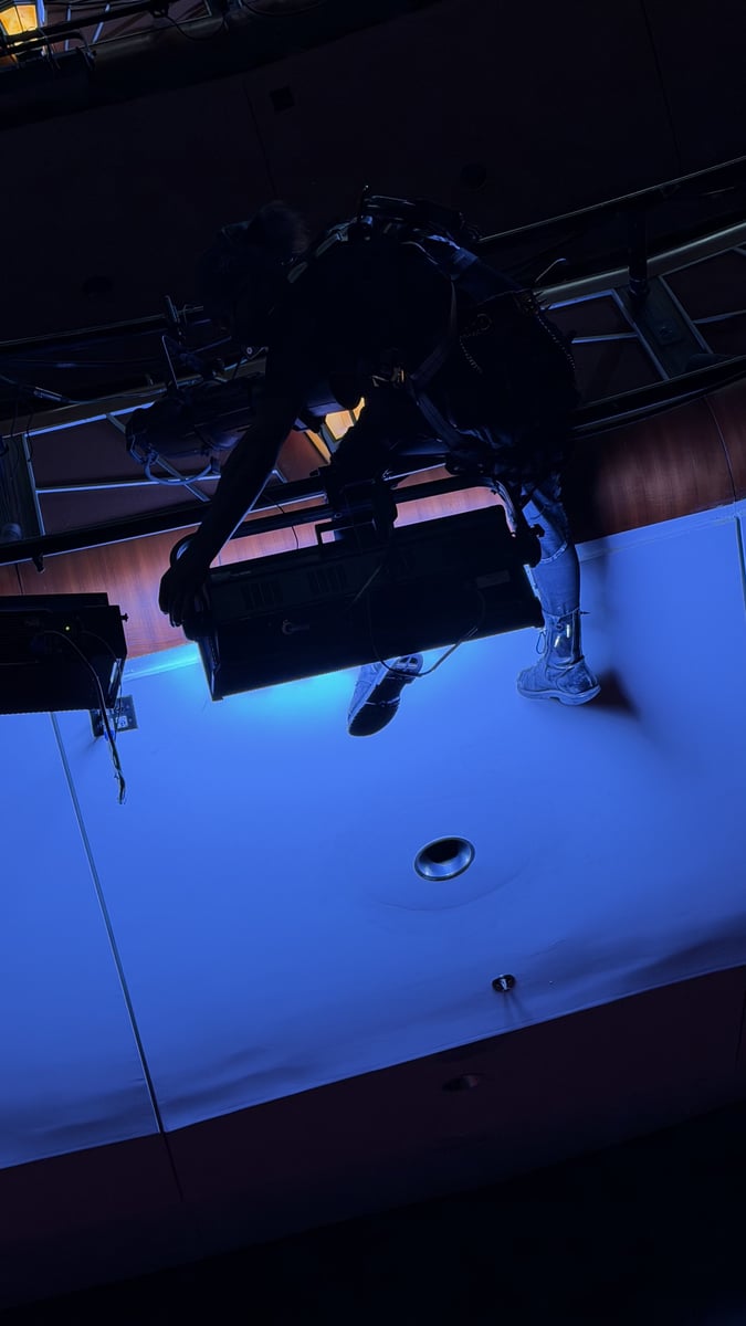 A camera rigged overhead above the stage.