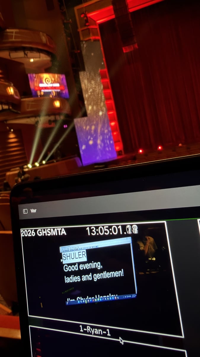 The broadcast script and timecode on the teleprompter monitor.