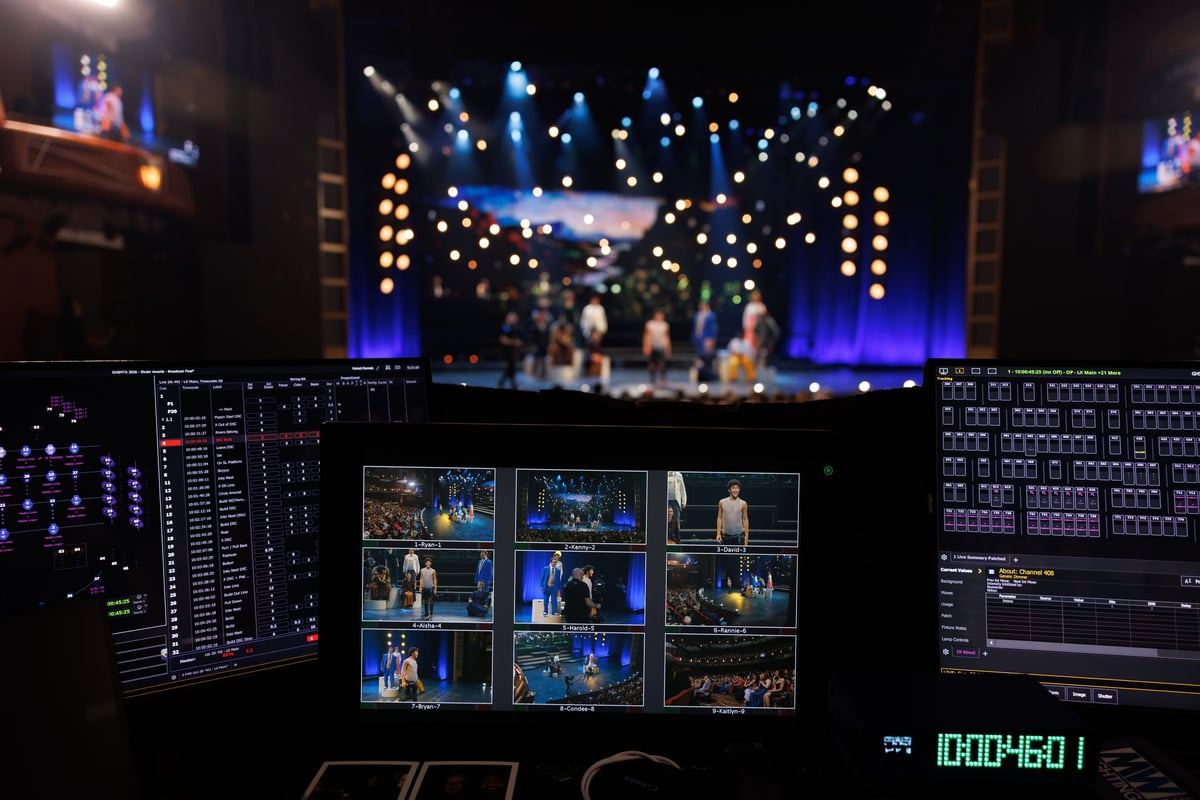 Multi-camera broadcast feeds at the tech table with the lit stage behind.
