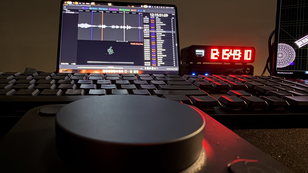 Timecode and audio programming at the desk, a timecode clock running by the laptop.