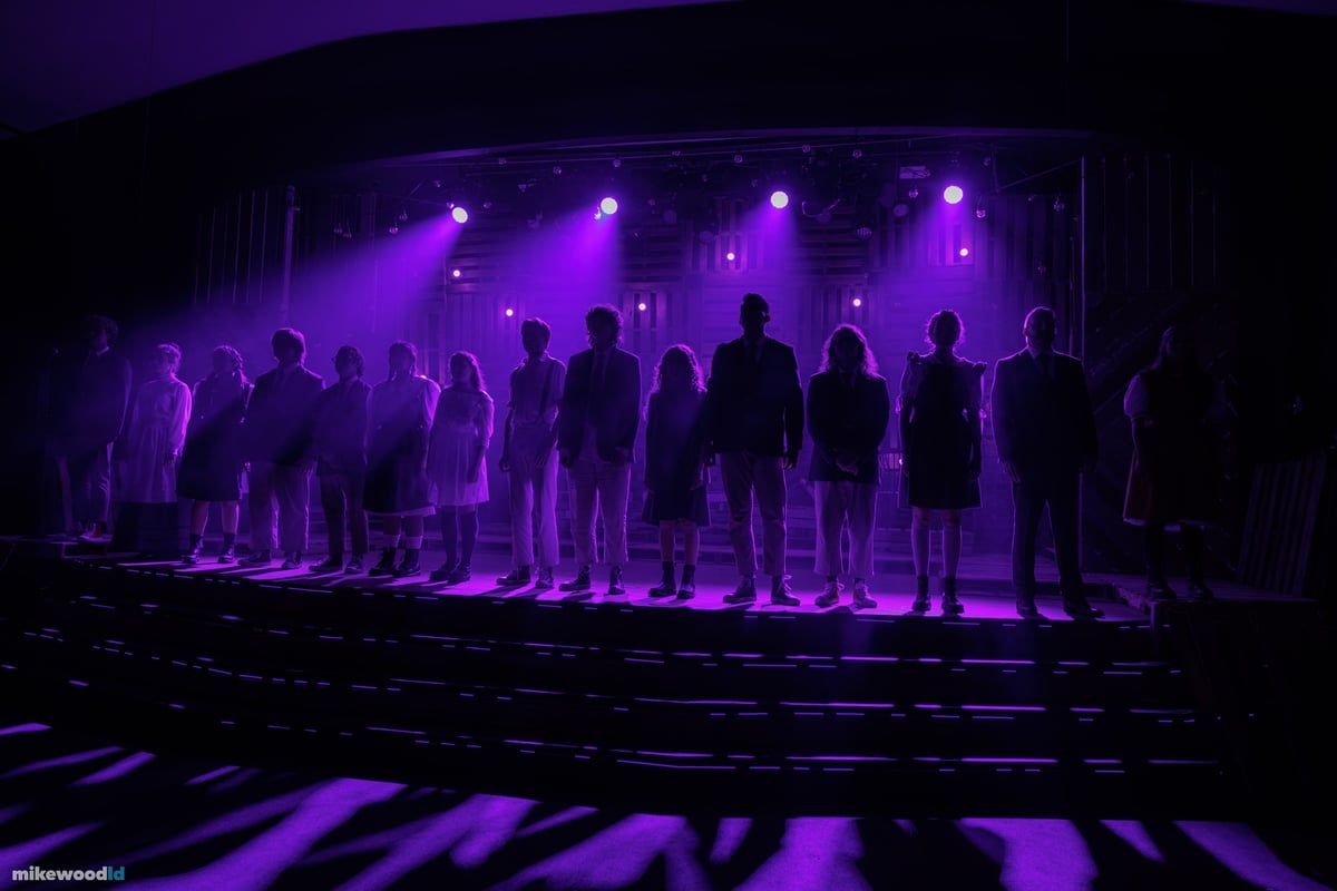 The full company stands in silhouette in a purple wash, long shadows thrown toward the audience through the haze.
