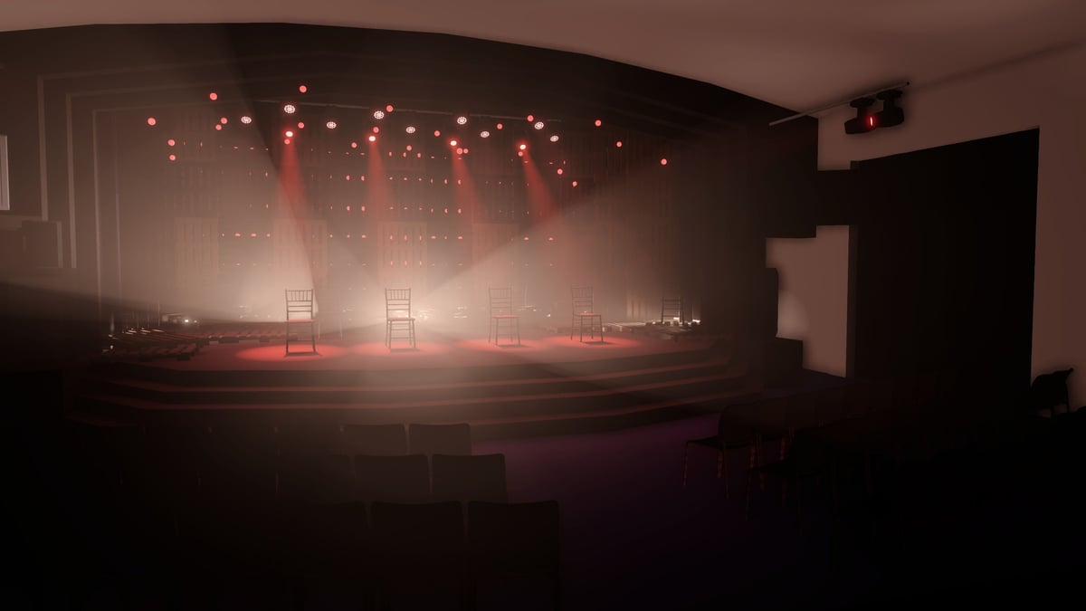 Previsualization render of the set in a hazy red wash with four chairs downstage