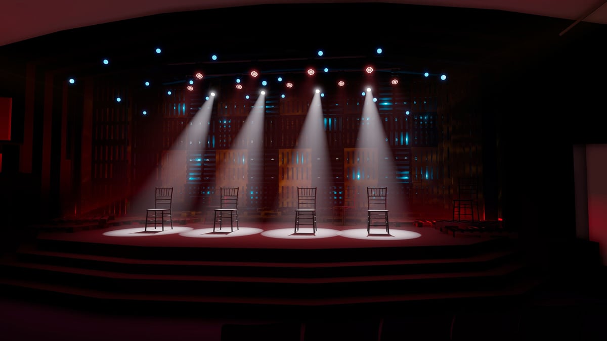 Previsualization render of the set with four chairs in tight white specials against a blue backlight