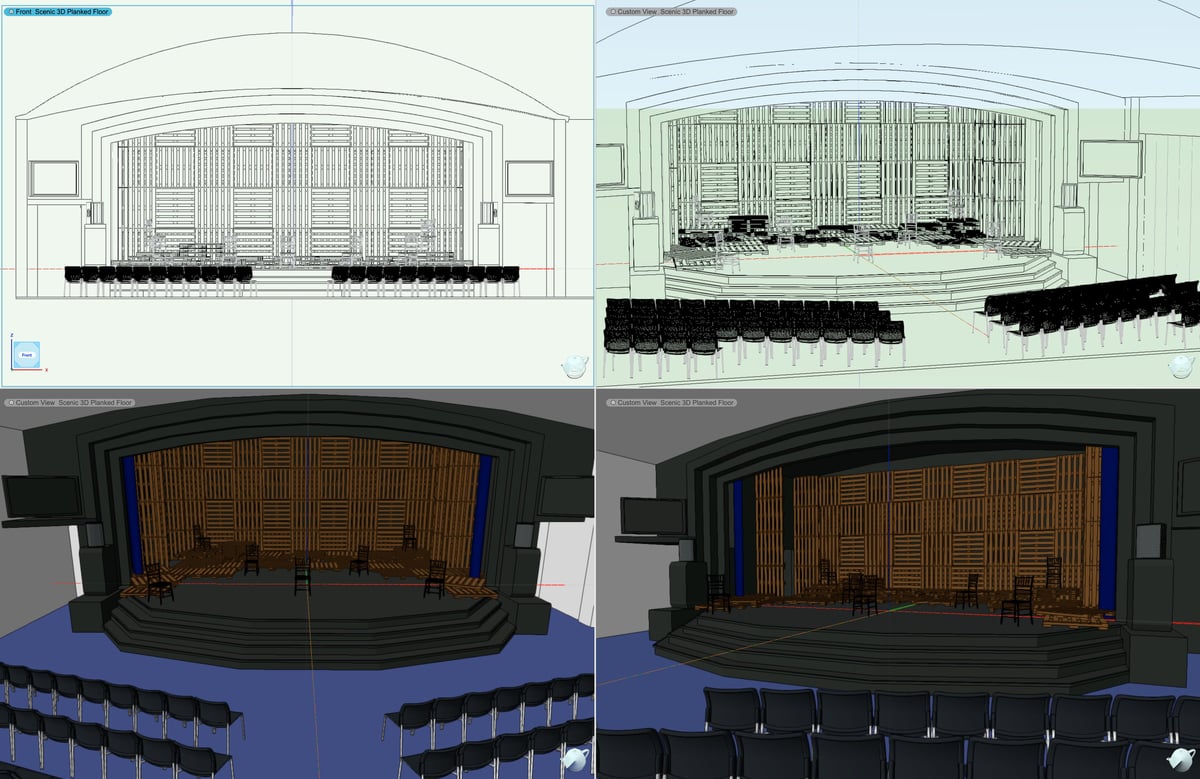 Scenic design model shown in four CAD views: a front elevation and three perspective angles