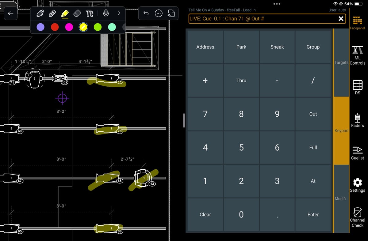 The Eos remote app on an iPad, magic sheet beside the virtual keypad.