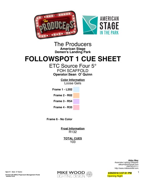 The Producers (In The Park) Spot Cue Sheet