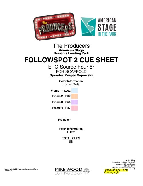 The Producers (In The Park) Spot Cue Sheet