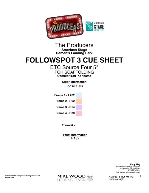 The Producers (In The Park) Spot Cue Sheet