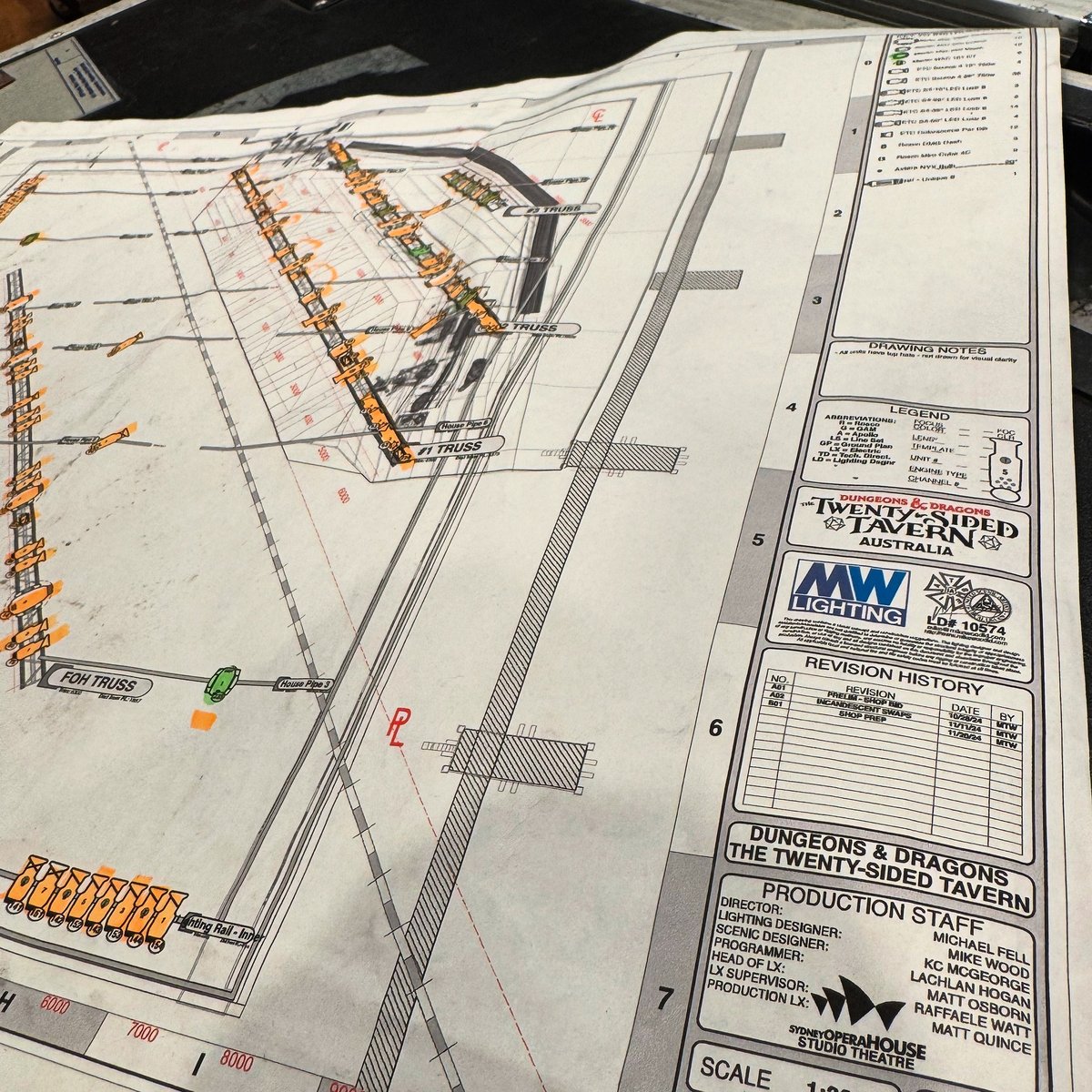 A close look at the printed lighting plot for the Sydney Opera House run.