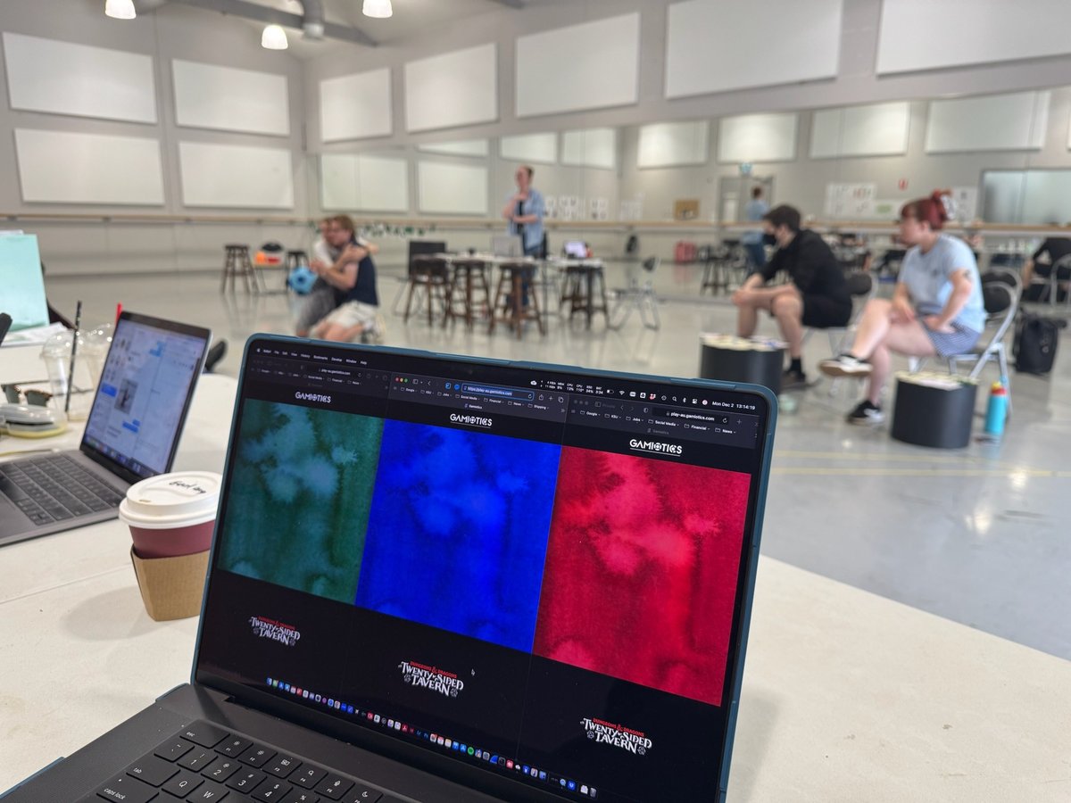 A magic sheet on a laptop in the rehearsal room, color-coded by system.
