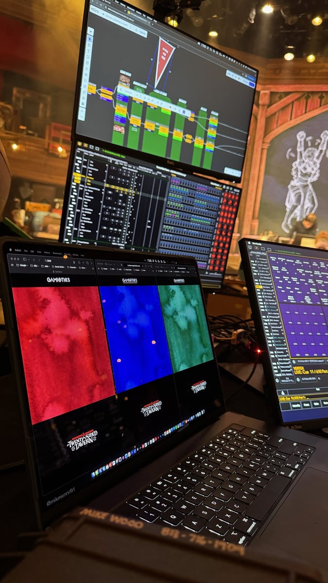 Tech tables with the magic sheet and Eos in the Studio Theatre.