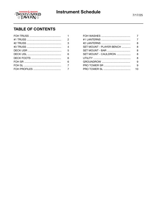 Dungeons & Dragons: The Twenty-Sided Tavern — North American Tour Instrument Schedule