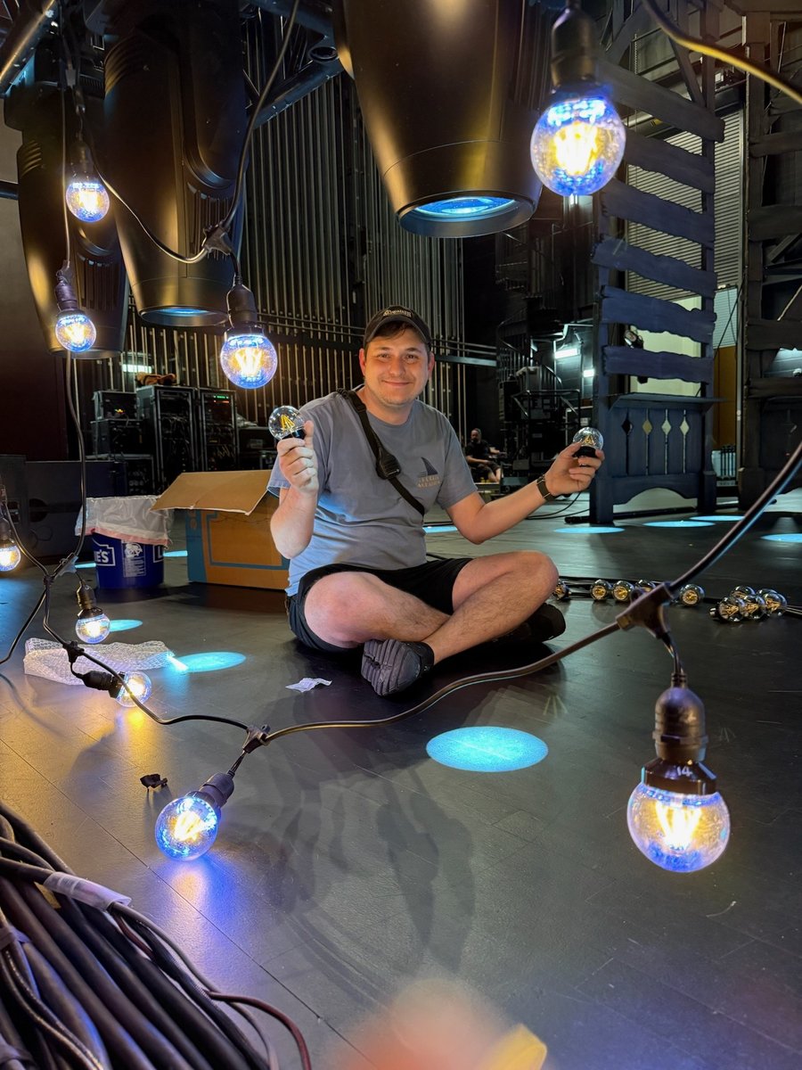 A break on stage amid colorful floor light under the dome.
