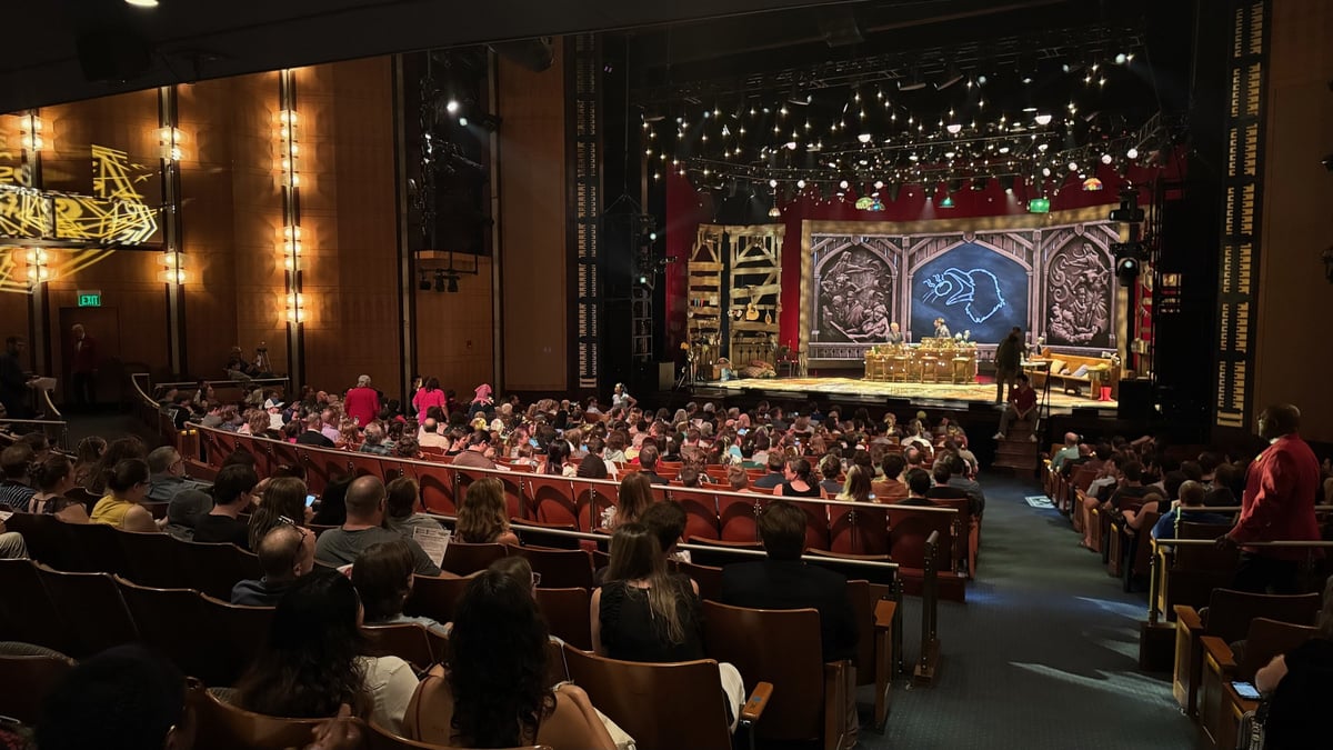 The set onstage in a concert hall during tech.