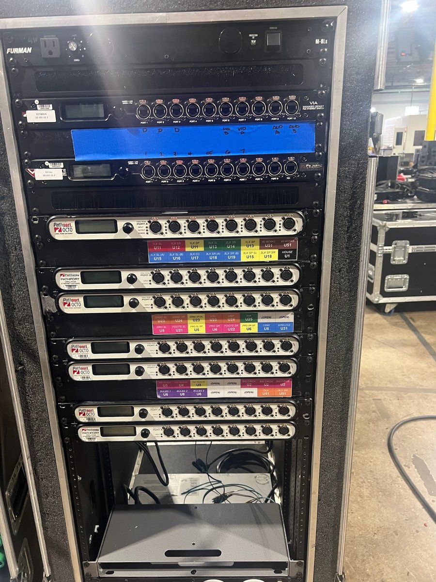 A dimmer and data rack in the touring rig.