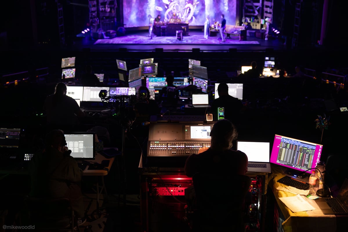 The tech table and stage during a tech session.