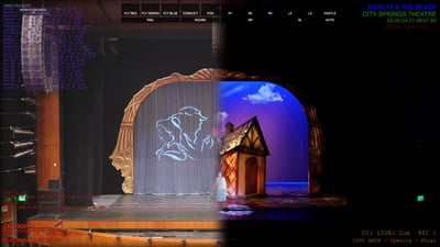 The Beauty & The Beast portal, half in work light and half in stage light