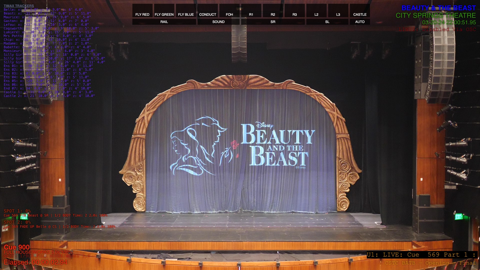 The Beauty and the Beast show curtain and gilded portal under house and work light