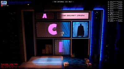 The Boy Who Loved Batman set, half in work light and half in stage light