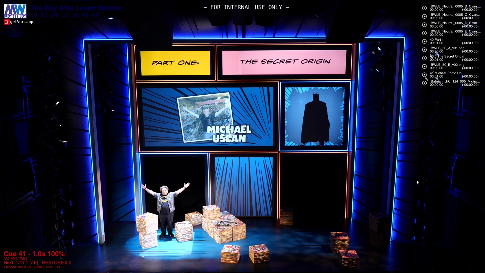 The same set in the full comic-book look: electric blue panel frames, The Secret Origin projections, a performer center stage with arms spread