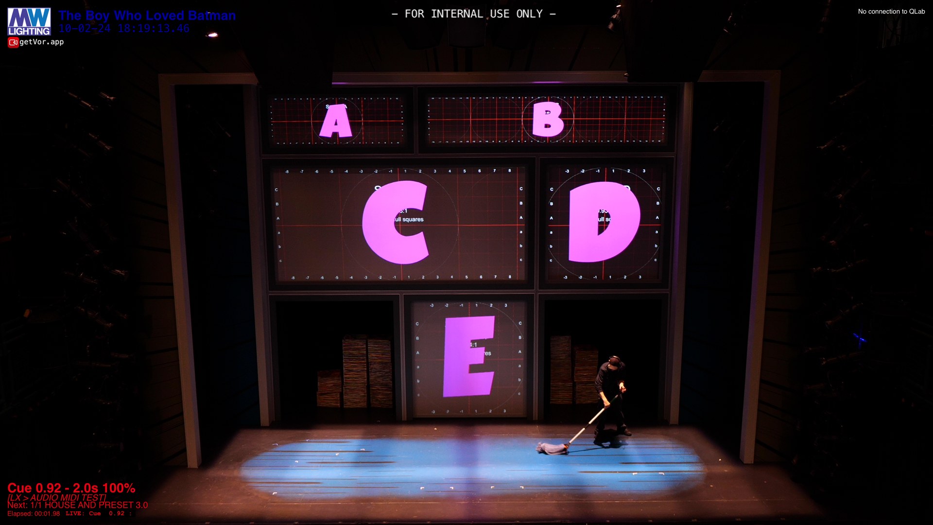 The comic-panel set in a dim projection-check state, test slides up on the screens, one crew member sweeping the deck
