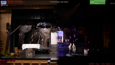 The Burnt Part Boys set, half in work light and half in stage light