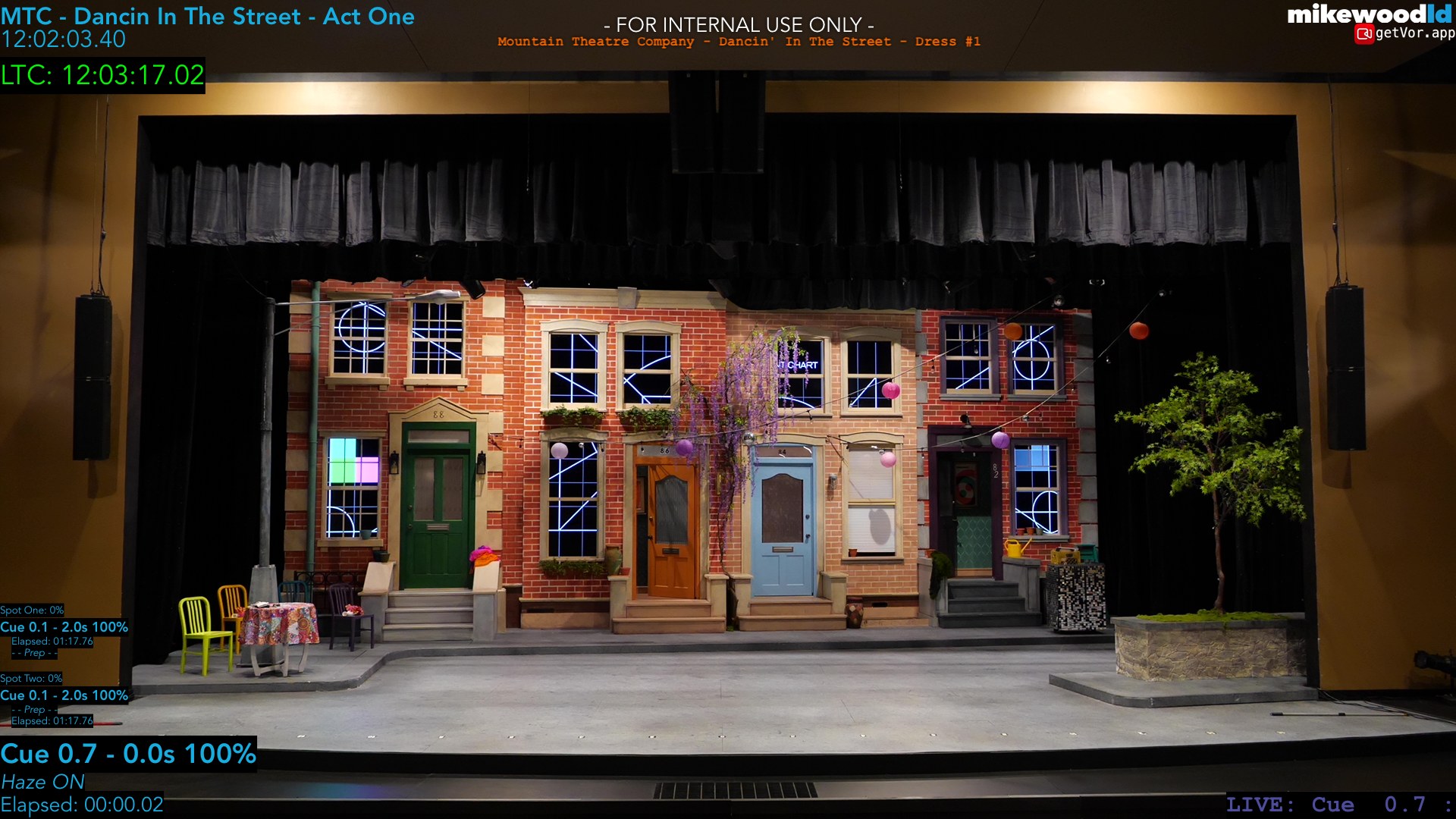 The brownstone street set sitting in flat warm work light before the show, stage empty