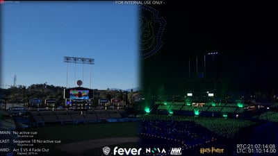 Dodger Stadium, half at dusk before the drone show and half mid-show