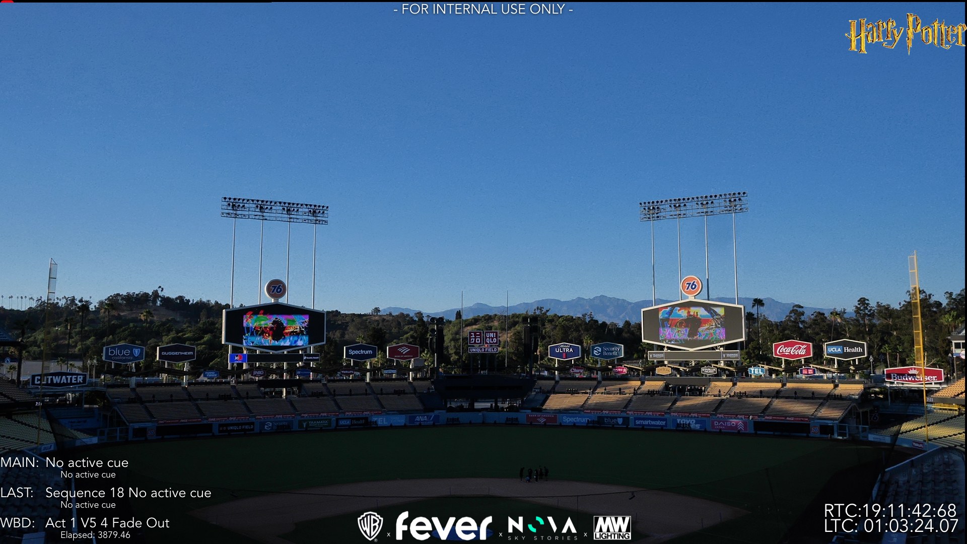 Dodger Stadium at dusk before the show: empty field, tower lights up, no active cue