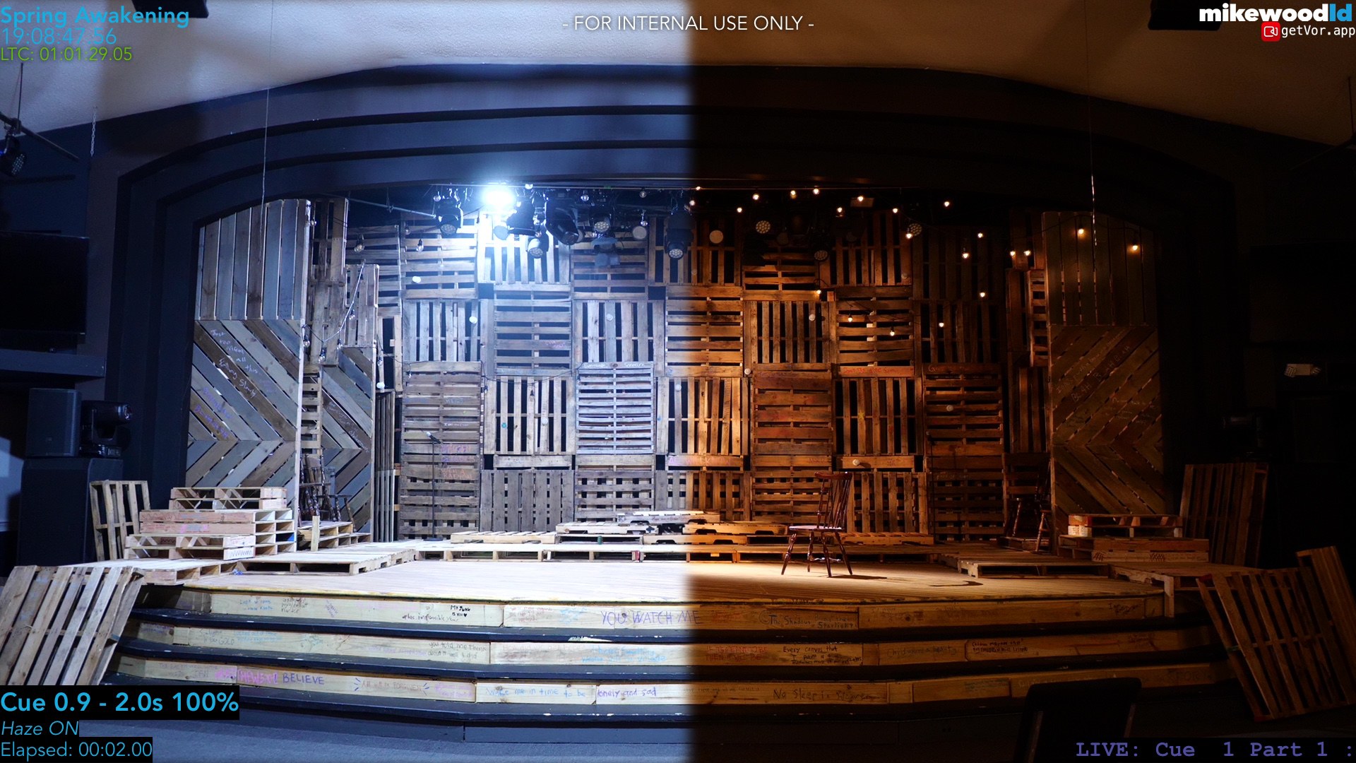 The Spring Awakening set split down the middle: work light on the left, the warm stage look on the right