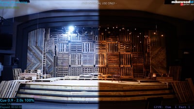 The Spring Awakening set split down the middle: work light on the left, the warm stage look on the right