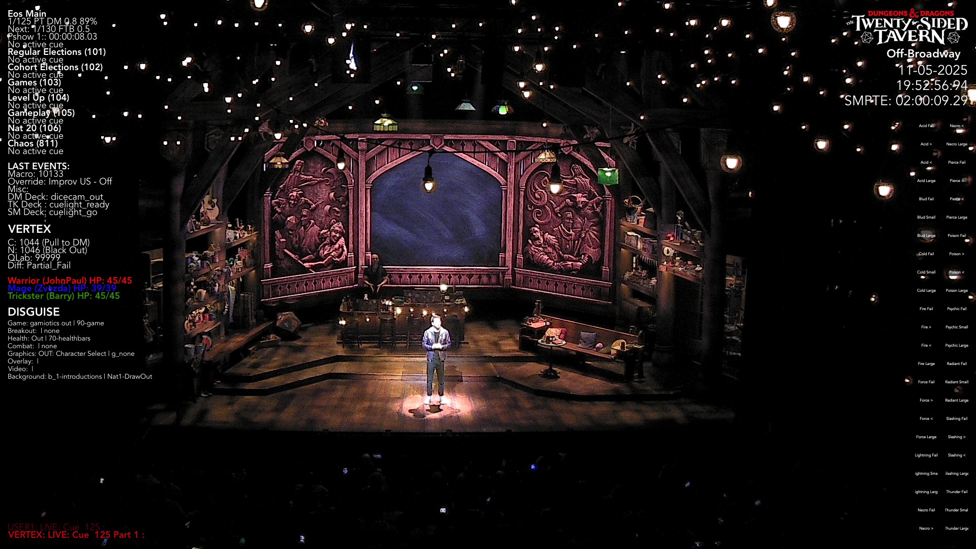 The same tavern in show state: a performer alone in a tight center pool, the carved scenic panels lit deep red
