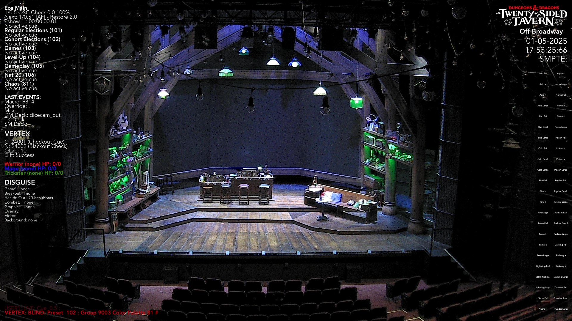 The Twenty-Sided Tavern set at Stage 42 in a dim blue-green work state, house seats empty in the foreground