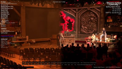 The Twenty-Sided Tavern at the Sydney Opera House, half in work light and half in stage light