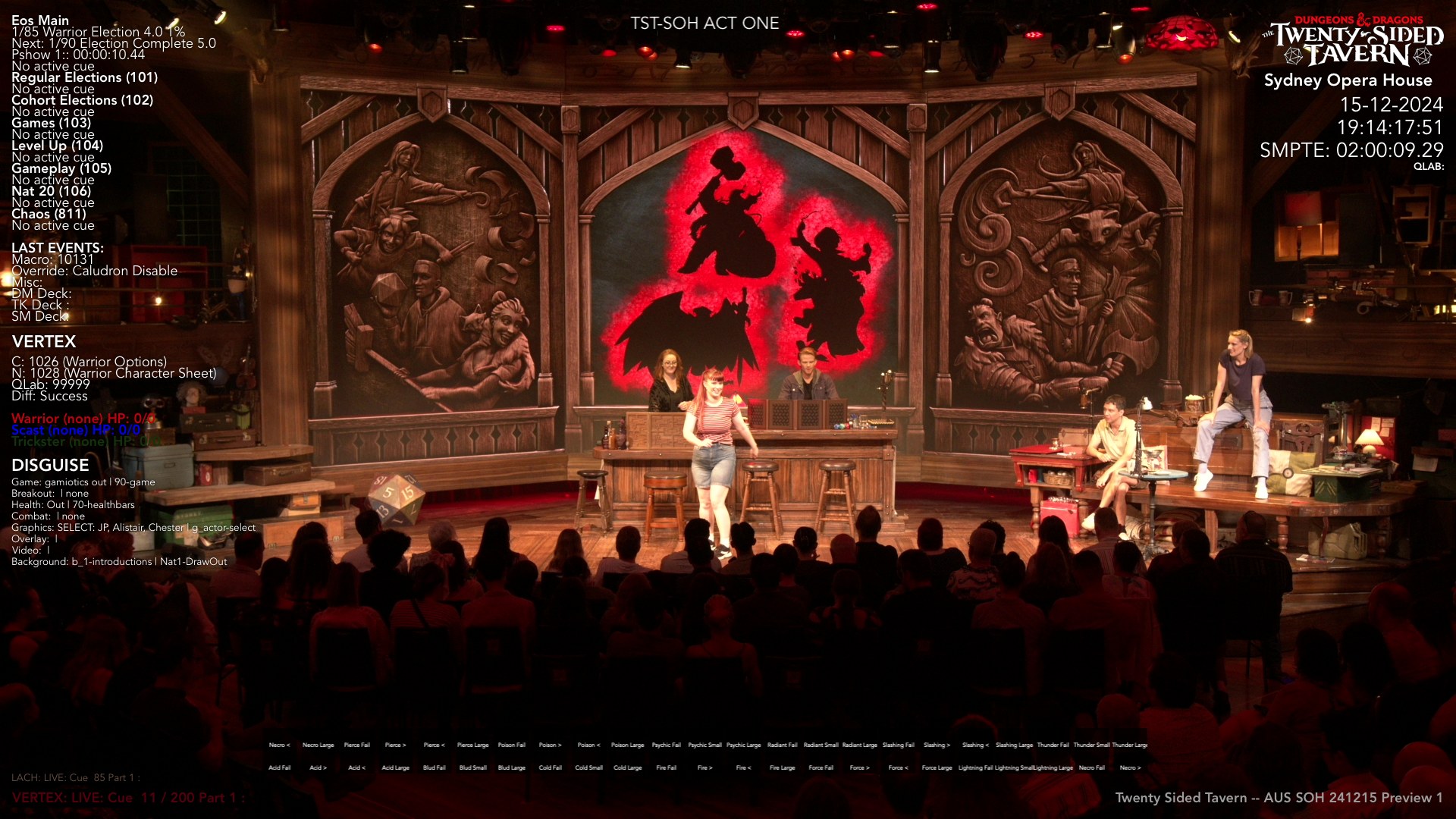 The same room in show state with the audience in: red dragon silhouettes burning on the panels, the cast mid-scene