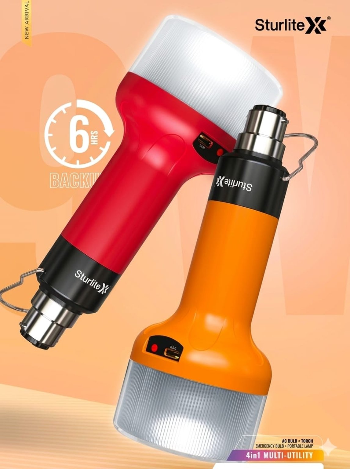 9W Portable Emergency Torch Light | LED Bulb, B22 Base | Up to 6 Hours Backup, Type-C & AC Charging, Lithium-Ion Battery, Includes Hanging Hook (Grey) | Cool Day Light, 41 year gerentty