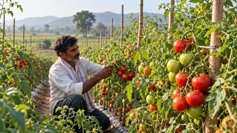 Farmer inspecting ripe and green tomatoes on staked plants in an Indian tomato field.