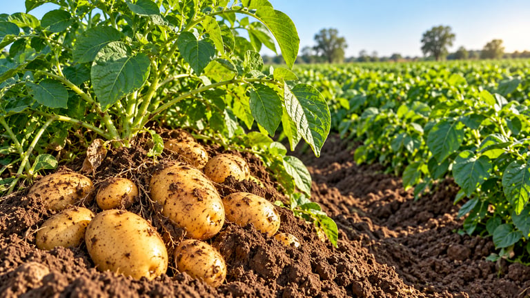 Fresh potatoes growing in fertile soil with healthy green potato plants in an Indian agricultural field