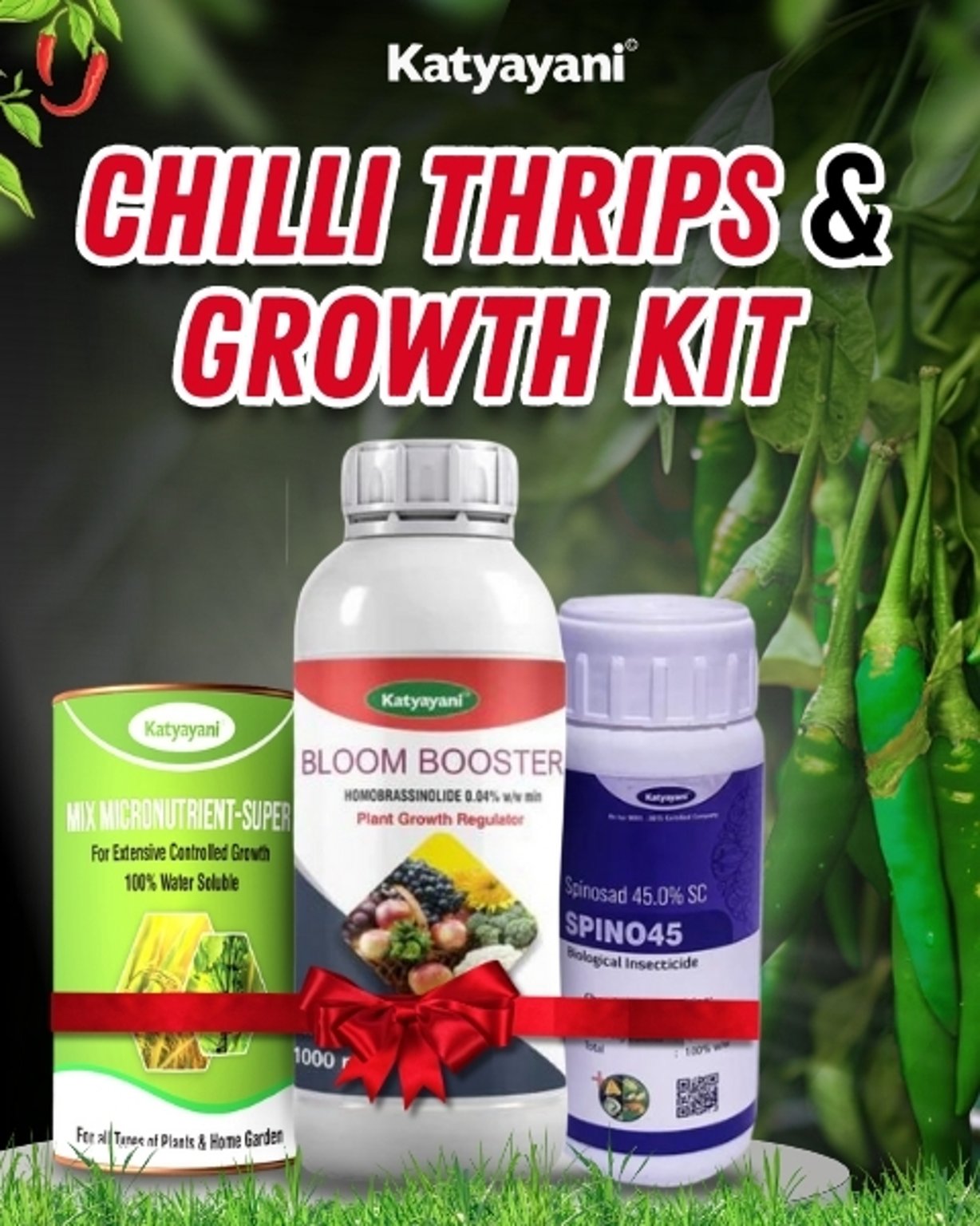 Katyayani Organics Chilli Thrips & Growth Kit Spino 45 50 ML + Bloom Booster 100 ML + Mix Micronutrient 100 GM