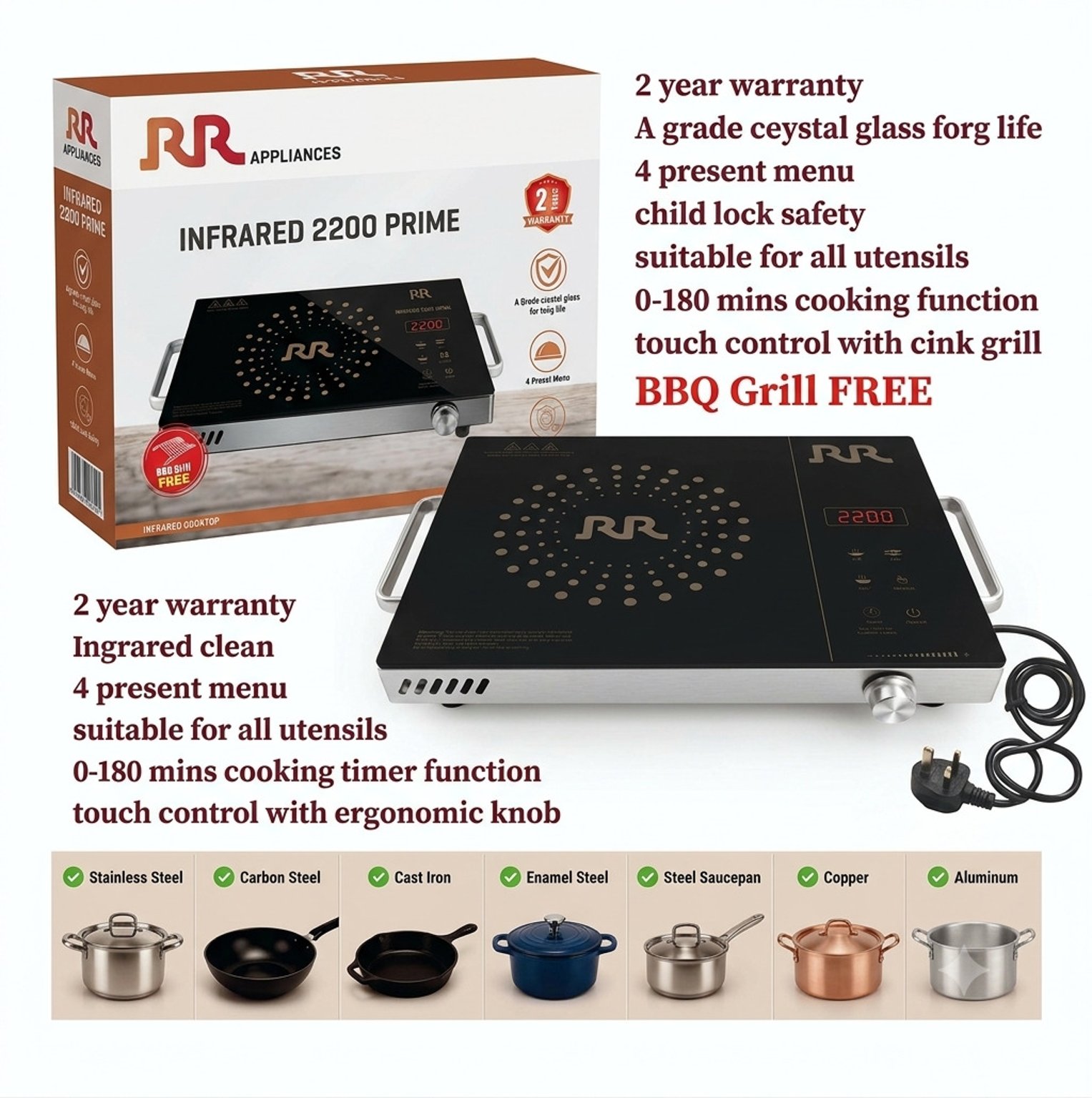 RR 2200 Watt Infrared Induction Cooktop 2 year door step warrntty