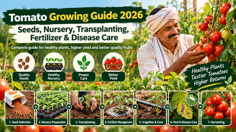 Tomato growing guide 2026 showing healthy tomato plants, seeds, nursery, transplanting and ripe tomatoes