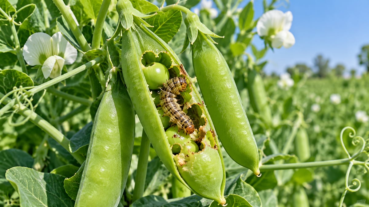 Pea pod borer Helicoverpa armigera damaging green pea pod in pea crop