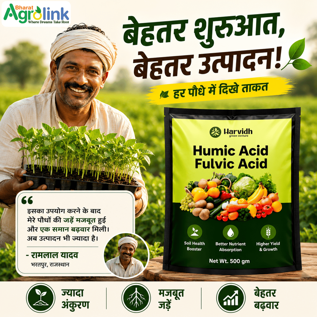 Farmer using bio fertilizer for crop growth