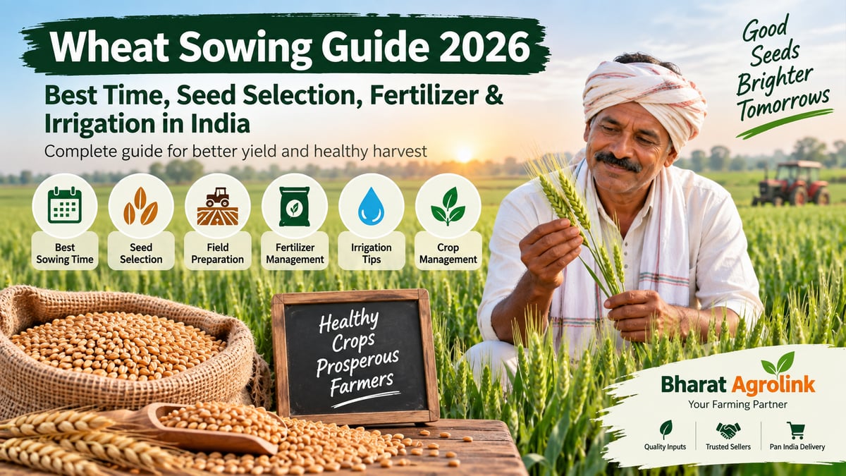 Wheat sowing guide 2026 for Indian farmers with wheat seeds and green wheat field