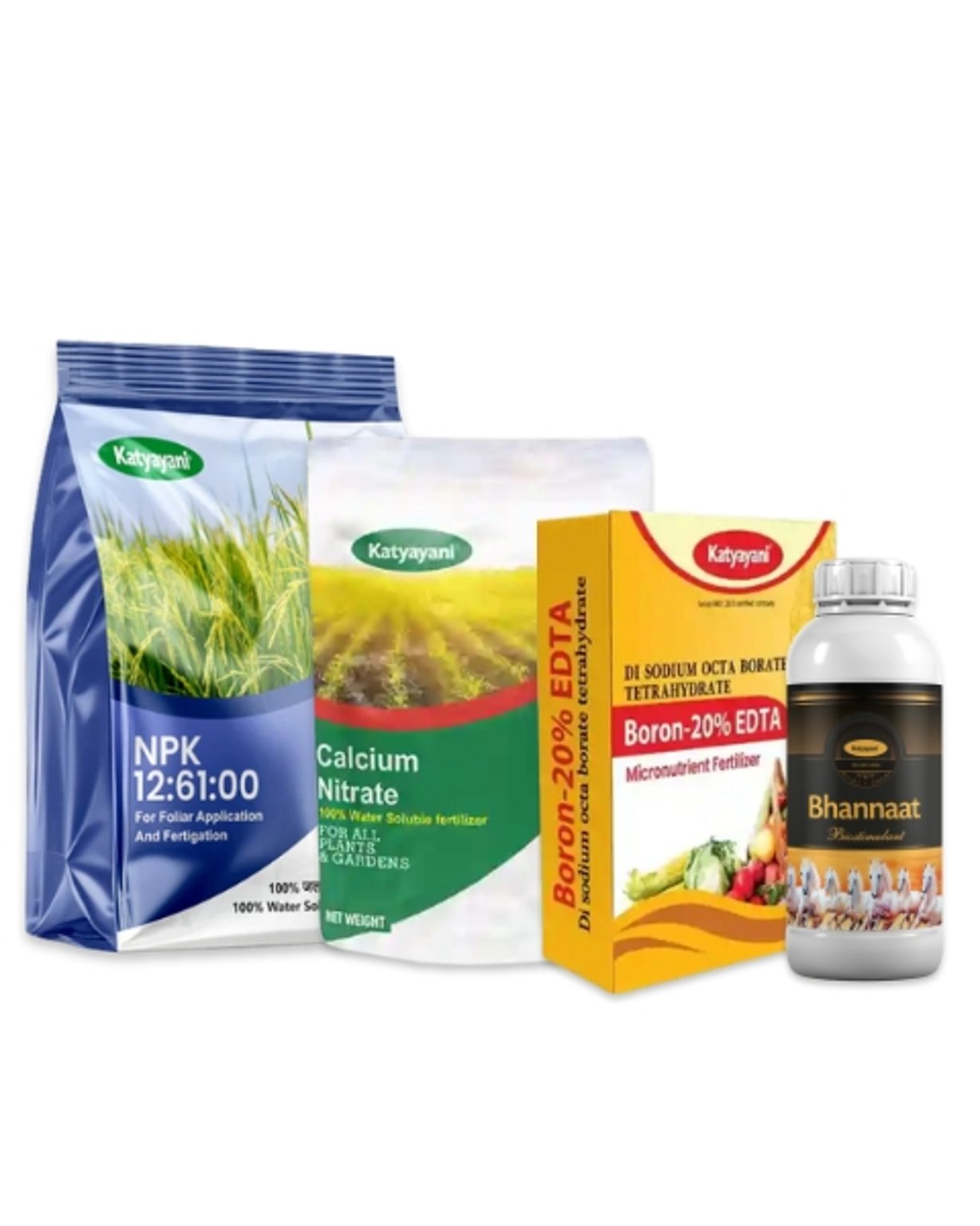 Katyayani Flowering & Fruiting Pro Combo  Complete Solution for Enhanced Flowering, Fruit Setting & Quality 1 KG 12:61:00 + 250 ML Bhannat + 470 GM Calcium Nitrate + 400 GM Boron 20% EDTA
