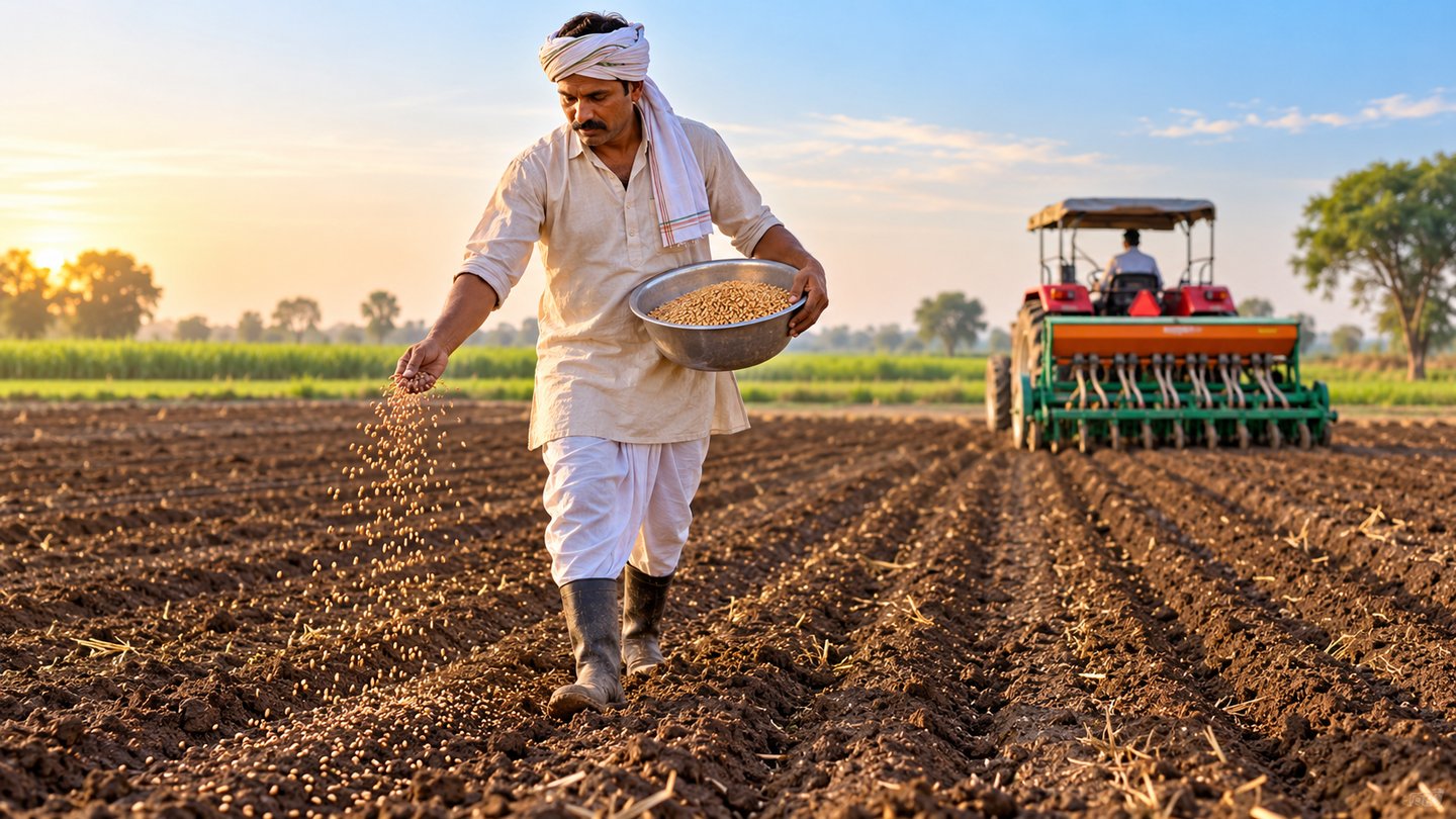 Wheat sowing in Indian farm during Rabi season 2026