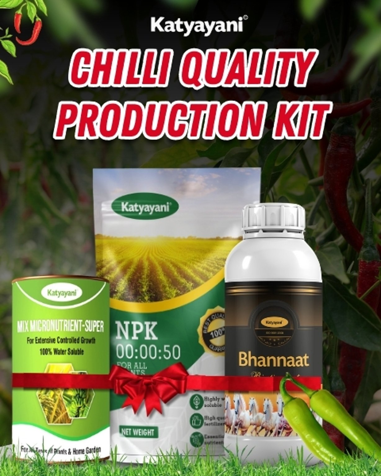 Katyayani Organics Chilli Quality Production Kit NPK 00:00:50 1 KG + Bhannaat 250 ML + Mix Micronutrient 100 GM