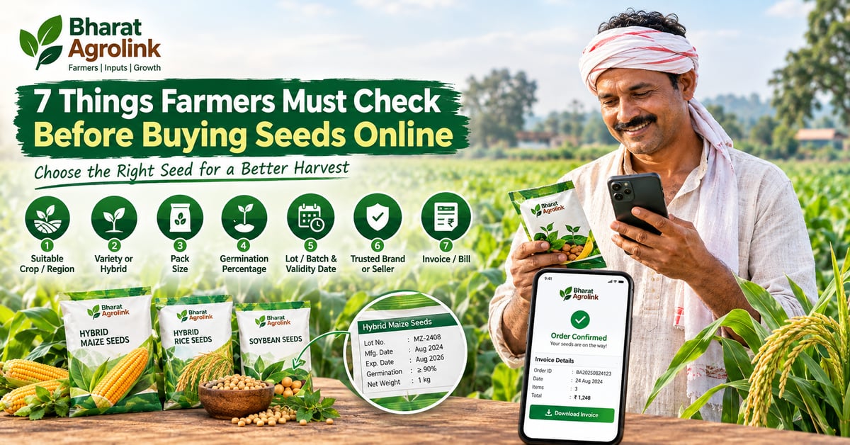 A farmer examining seed pack details while buying seeds online.